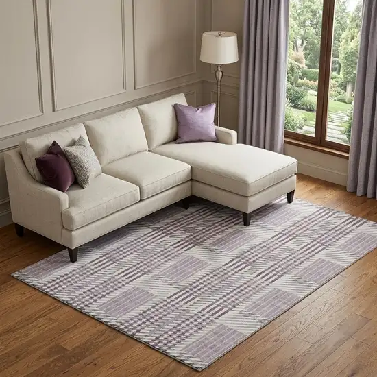Lavender Gray And Ivory Plaid Washable Area Rug With UV Protection Photo 1