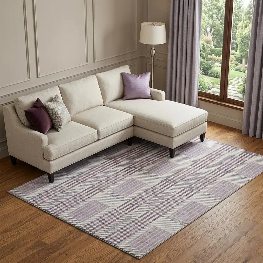Lavender Gray And Ivory Plaid Washable Area Rug With UV Protection Photo 1