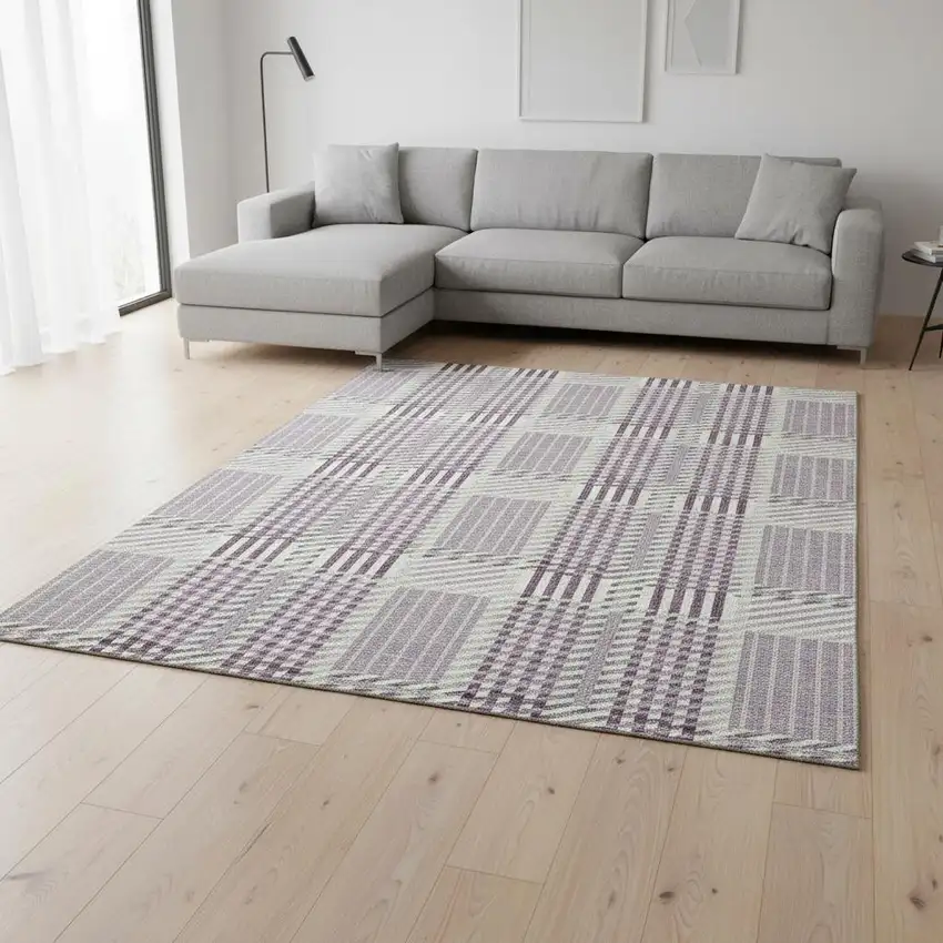 Lavender Gray And Ivory Plaid Washable Area Rug With UV Protection Photo 2