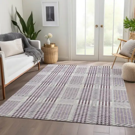 Lavender Gray And Ivory Plaid Washable Area Rug With UV Protection Photo 5
