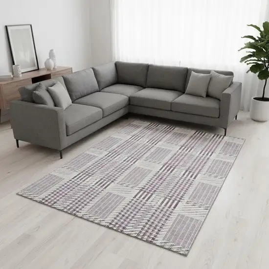 Lavender Gray And Ivory Plaid Washable Area Rug With UV Protection Photo 2