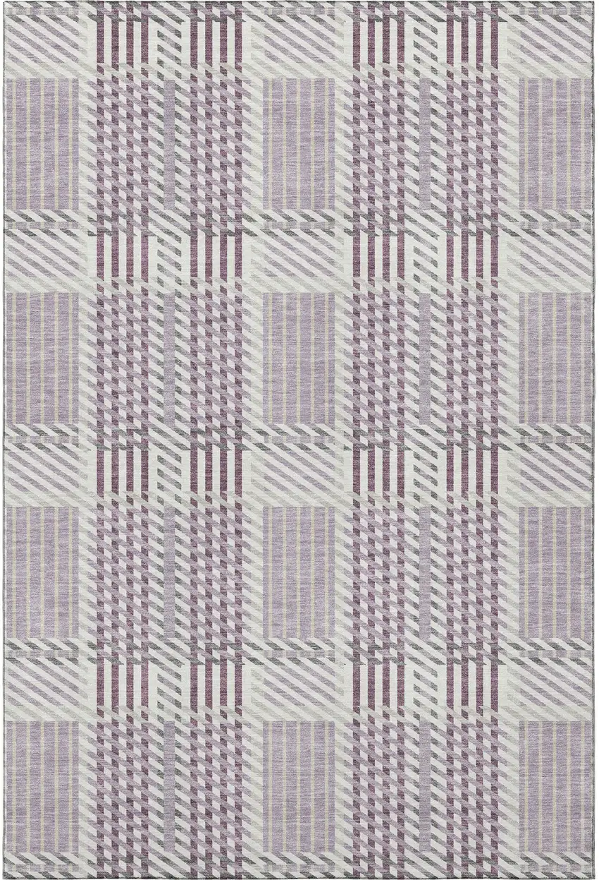 Lavender Gray And Ivory Plaid Washable Area Rug With UV Protection Photo 3