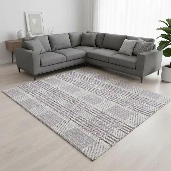 Lavender Gray And Ivory Plaid Washable Area Rug With UV Protection Photo 2