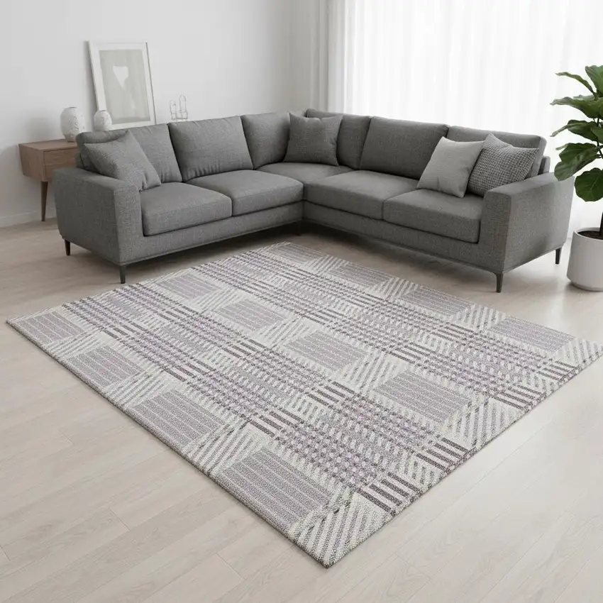 Lavender Gray And Ivory Plaid Washable Area Rug With UV Protection Photo 2