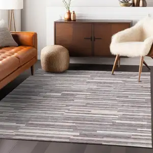 Photo of Lavender Gray And Ivory Striped Washable Indoor Outdoor Area Rug