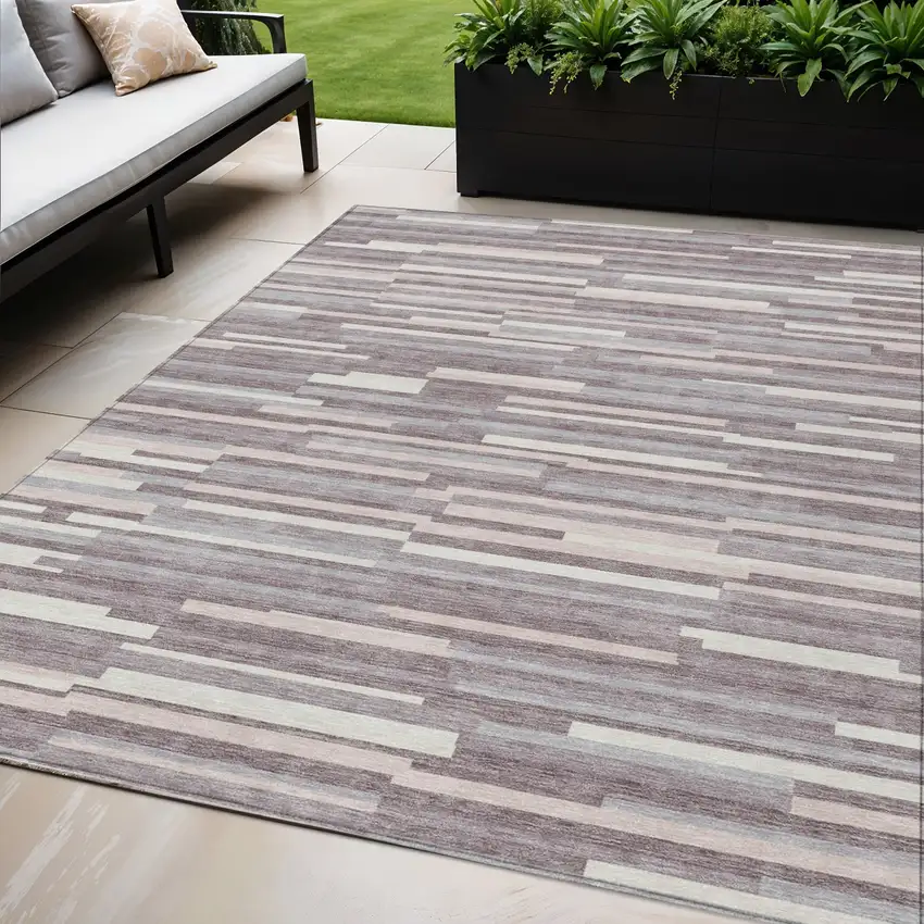 Lavender Gray And Ivory Striped Washable Indoor Outdoor Area Rug Photo 1