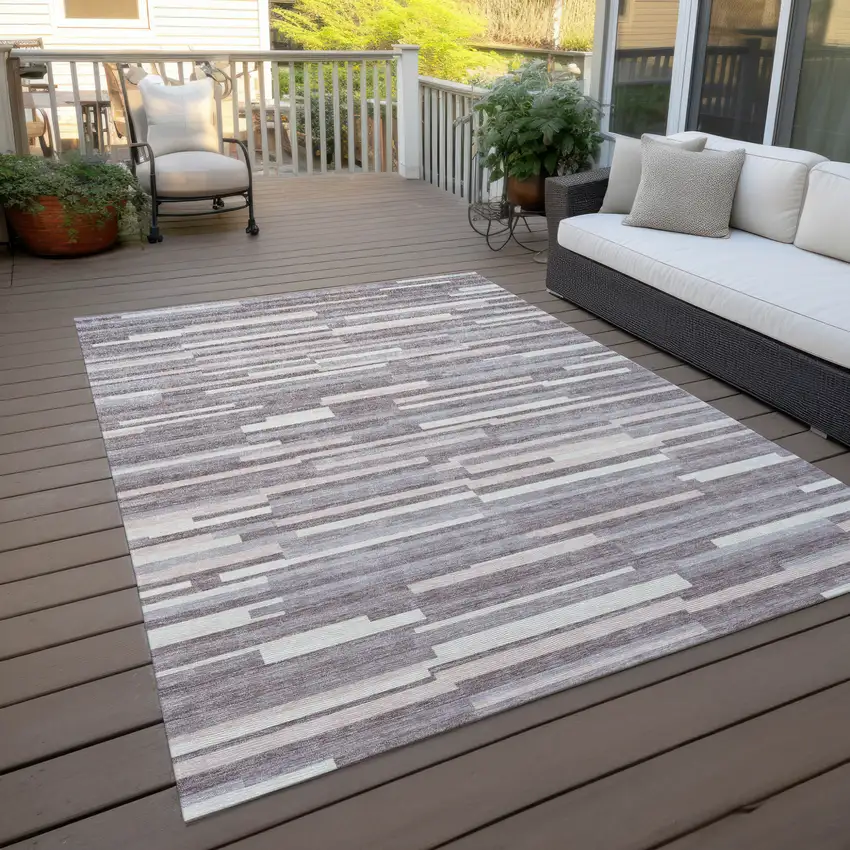 Lavender Gray And Ivory Striped Washable Indoor Outdoor Area Rug Photo 8