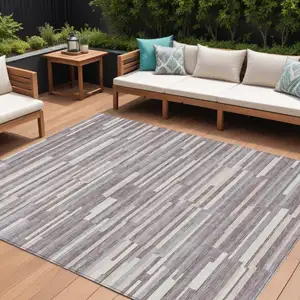 Photo of Lavender Gray And Ivory Striped Washable Indoor Outdoor Area Rug