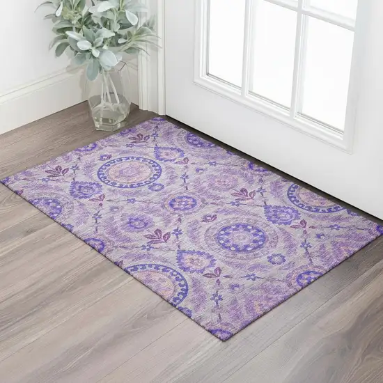Lavender Gray And Peach Floral Washable Area Rug With UV Protection Photo 1