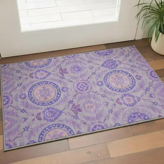 Lavender Gray And Peach Floral Washable Area Rug With UV Protection Photo 2