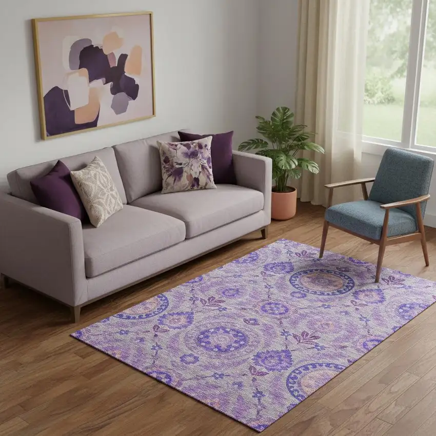 Lavender Gray And Peach Floral Washable Area Rug With UV Protection Photo 1