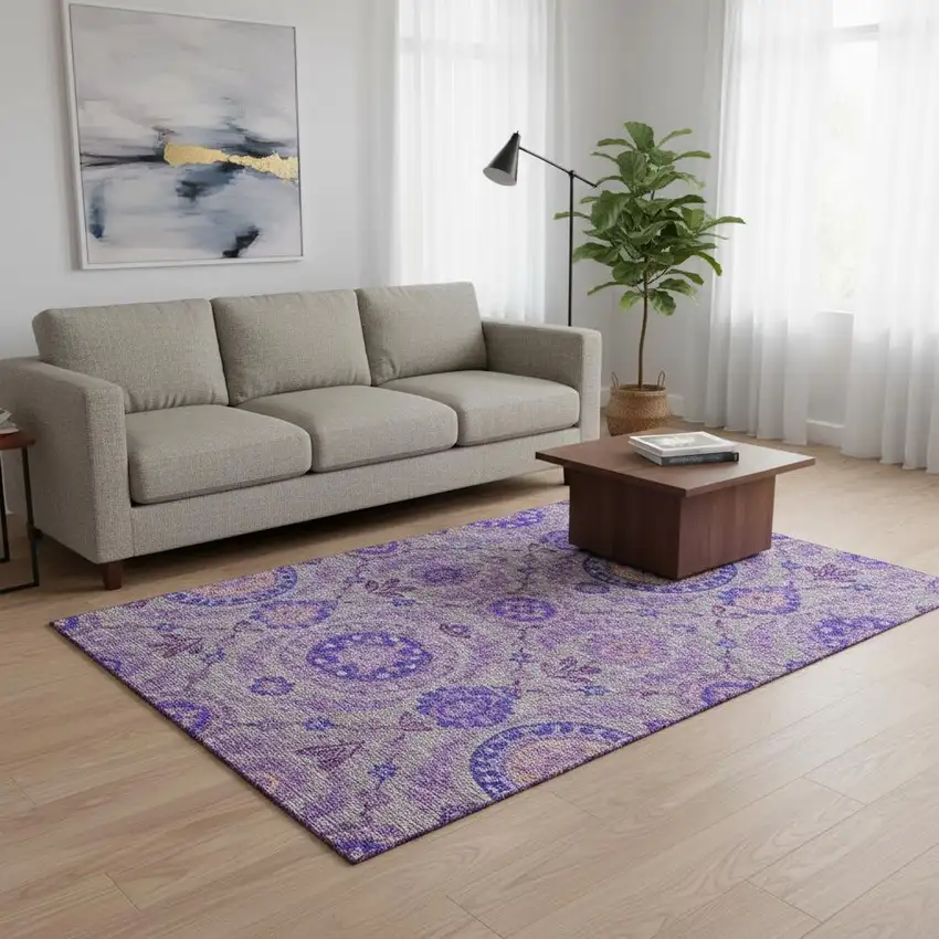 Lavender Gray And Peach Floral Washable Area Rug With UV Protection Photo 2