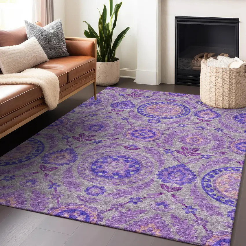 Lavender Gray And Peach Floral Washable Area Rug With UV Protection Photo 6