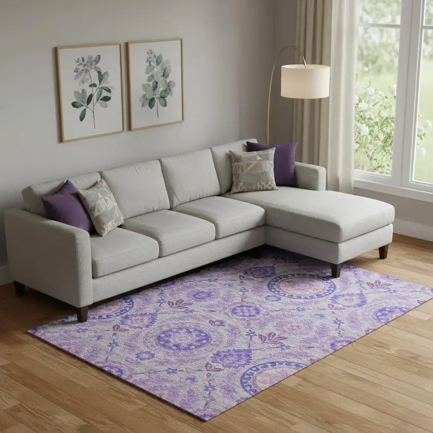 Lavender Gray And Peach Floral Washable Area Rug With UV Protection Photo 1