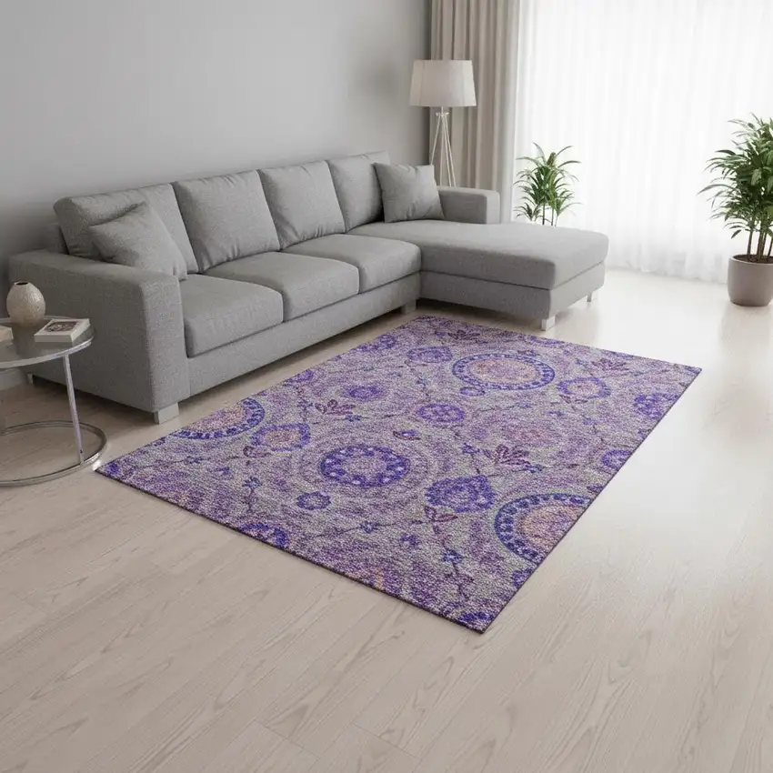 Lavender Gray And Peach Floral Washable Area Rug With UV Protection Photo 2