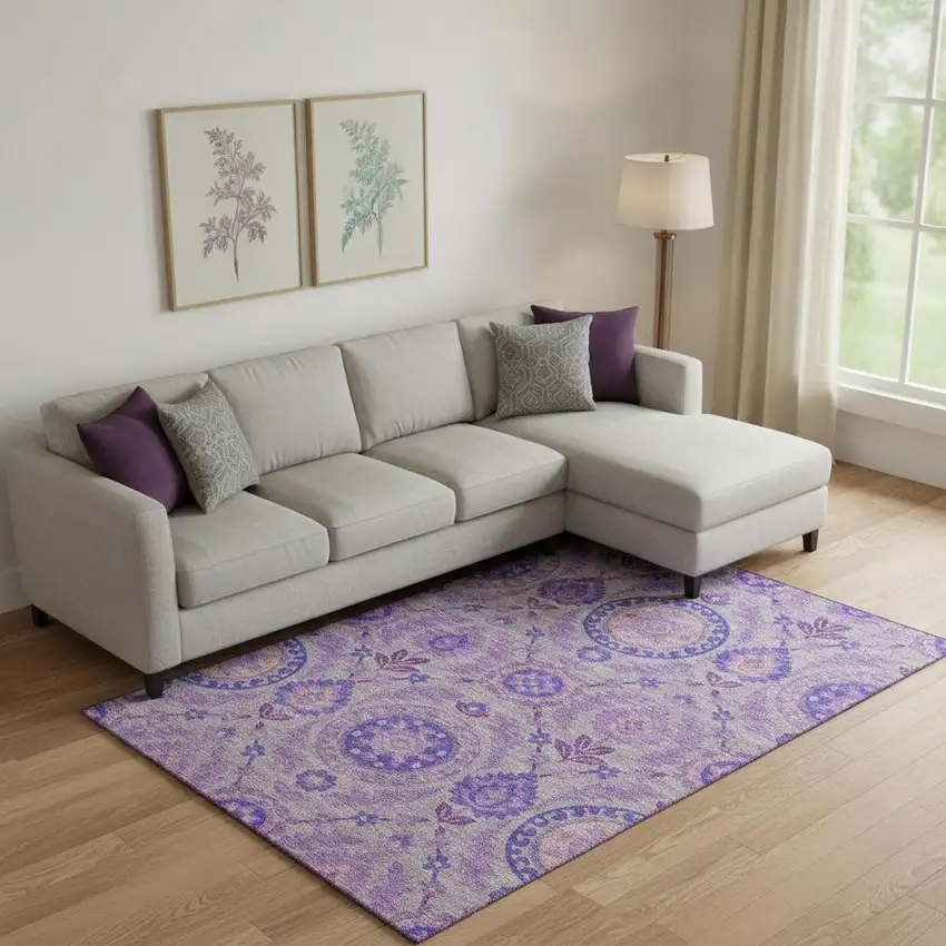Lavender Gray And Peach Floral Washable Area Rug With UV Protection Photo 1
