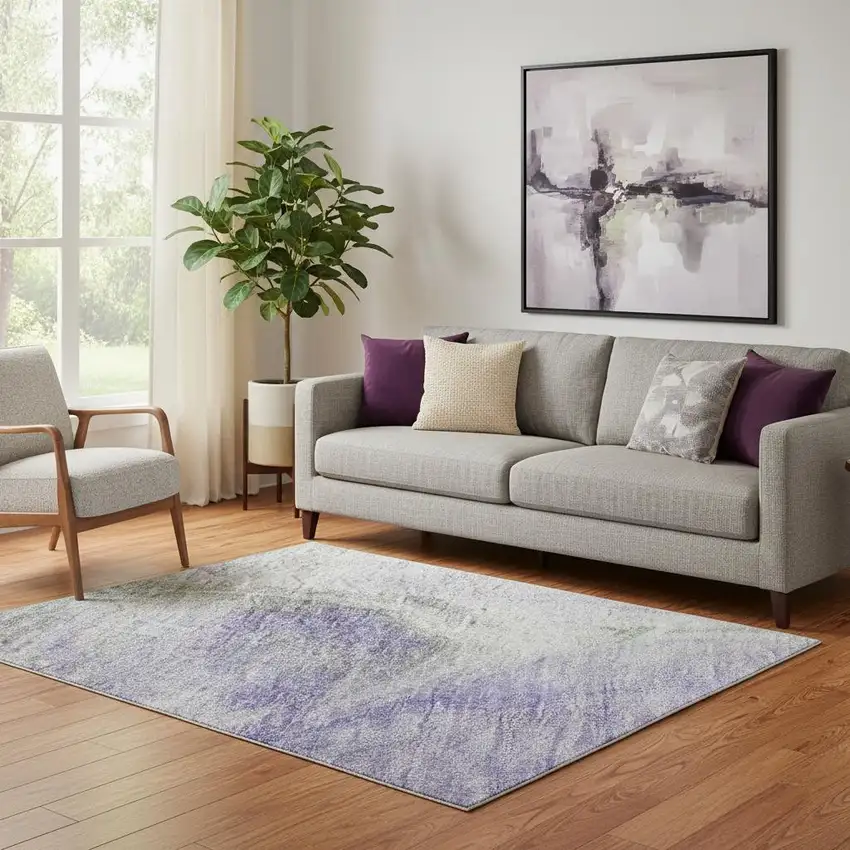 Lavender Gray And Silver Abstract Washable Area Rug With UV Protection Photo 2