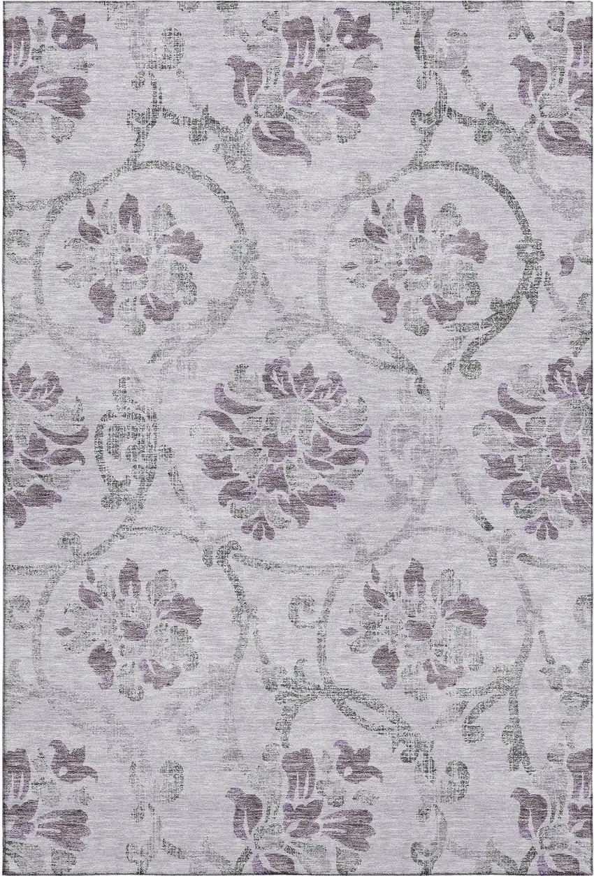 Lavender Gray And Silver Floral Washable Area Rug With UV Protection Photo 1