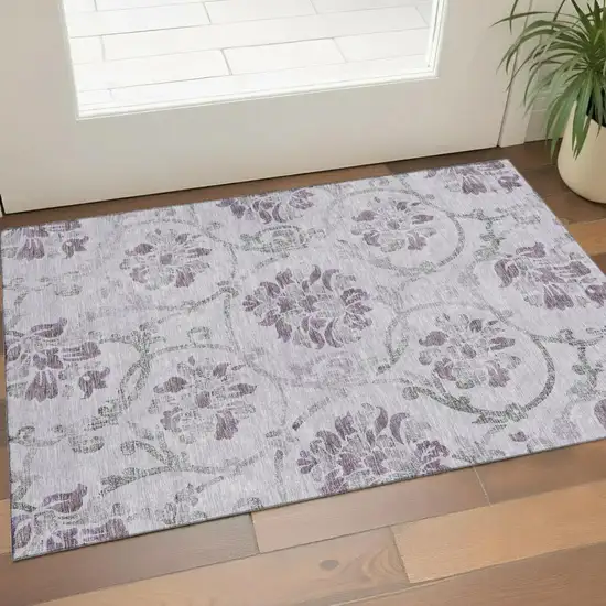 Lavender Gray And Silver Floral Washable Area Rug With UV Protection Photo 1