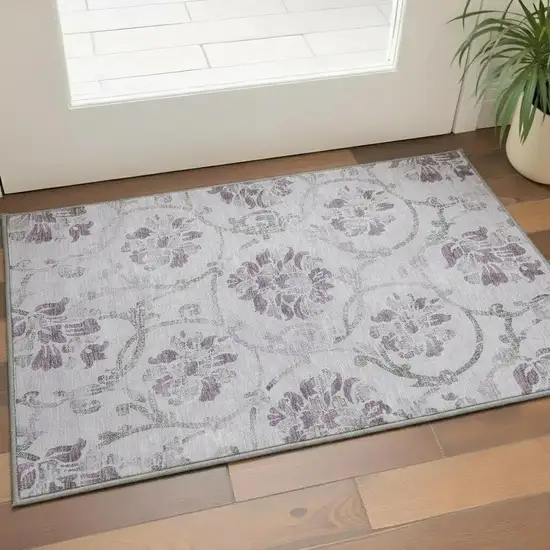 Lavender Gray And Silver Floral Washable Area Rug With UV Protection Photo 2