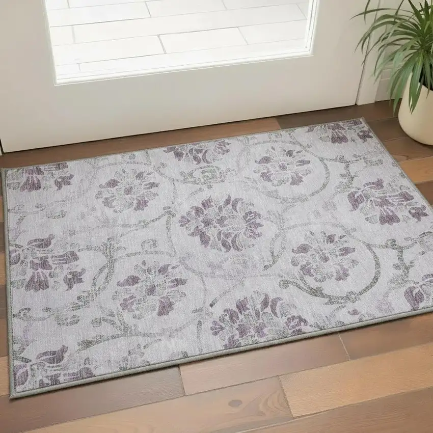 Lavender Gray And Silver Floral Washable Area Rug With UV Protection Photo 2