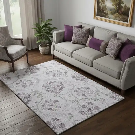 Lavender Gray And Silver Floral Washable Area Rug With UV Protection Photo 1