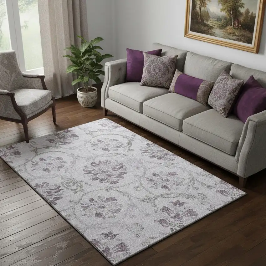 Lavender Gray And Silver Floral Washable Area Rug With UV Protection Photo 1