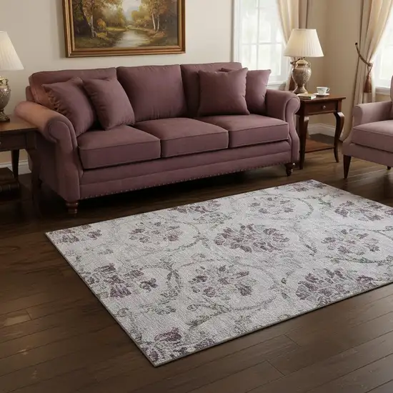 Lavender Gray And Silver Floral Washable Area Rug With UV Protection Photo 2