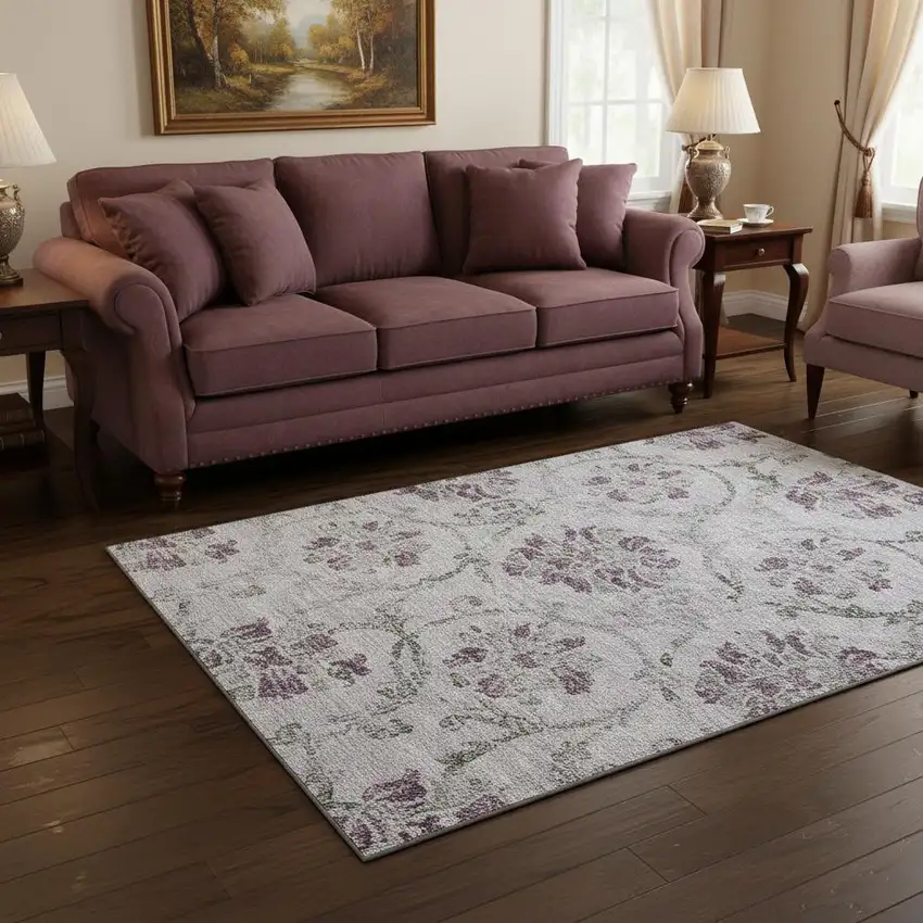 Lavender Gray And Silver Floral Washable Area Rug With UV Protection Photo 2