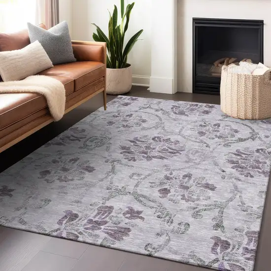 Lavender Gray And Silver Floral Washable Area Rug With UV Protection Photo 6