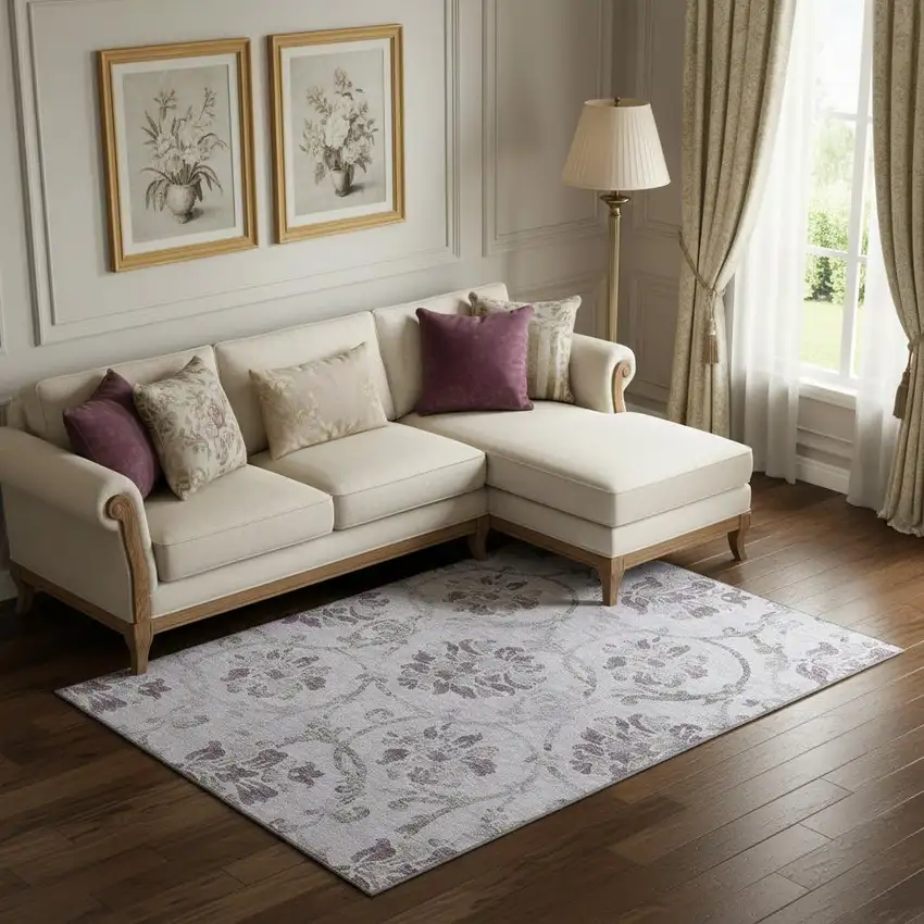 Lavender Gray And Silver Floral Washable Area Rug With UV Protection Photo 1