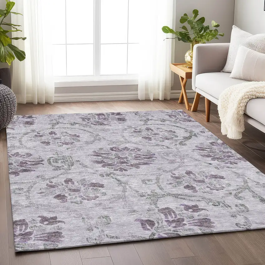 Lavender Gray And Silver Floral Washable Area Rug With UV Protection Photo 5