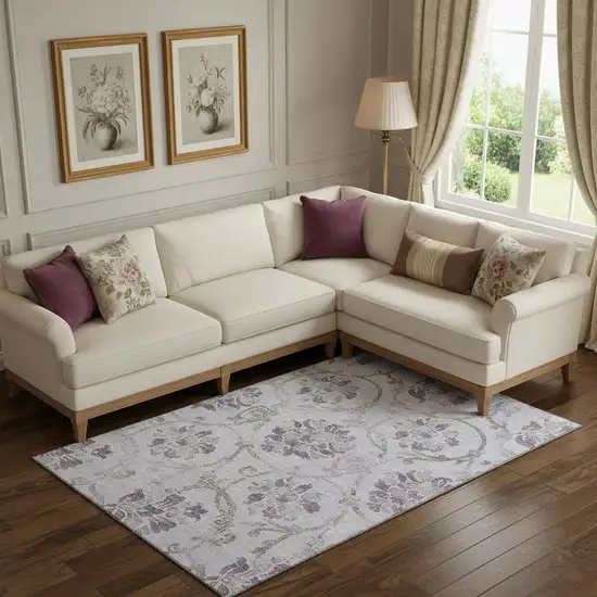 Lavender Gray And Silver Floral Washable Area Rug With UV Protection Photo 1