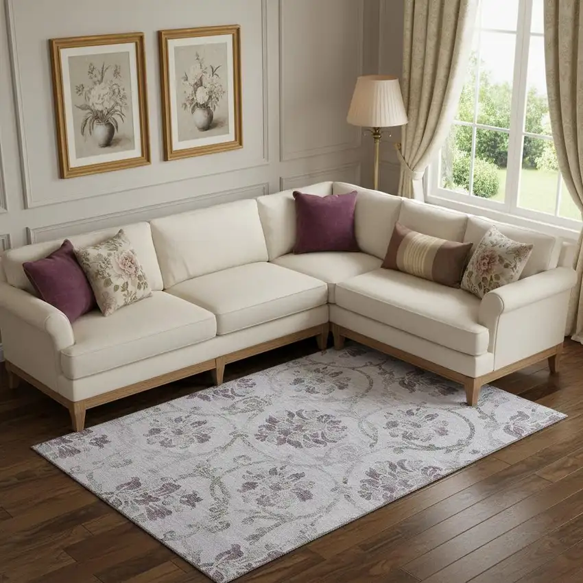 Lavender Gray And Silver Floral Washable Area Rug With UV Protection Photo 1