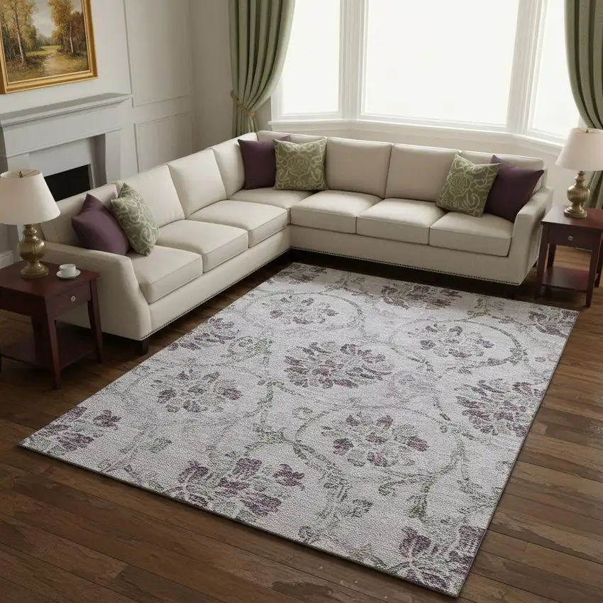 Lavender Gray And Silver Floral Washable Area Rug With UV Protection Photo 2