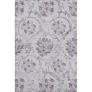 Photo of Lavender Gray And Silver Floral Washable Area Rug With UV Protection