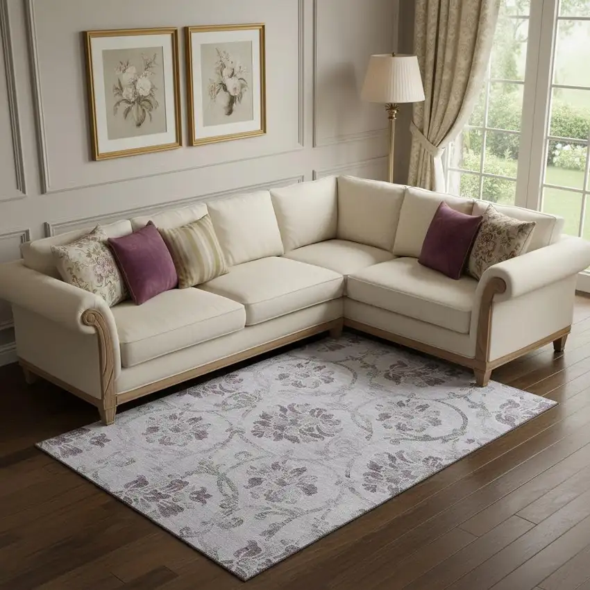 Lavender Gray And Silver Floral Washable Area Rug With UV Protection Photo 1