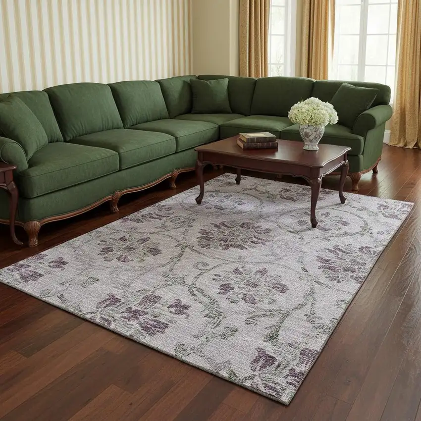 Lavender Gray And Silver Floral Washable Area Rug With UV Protection Photo 2