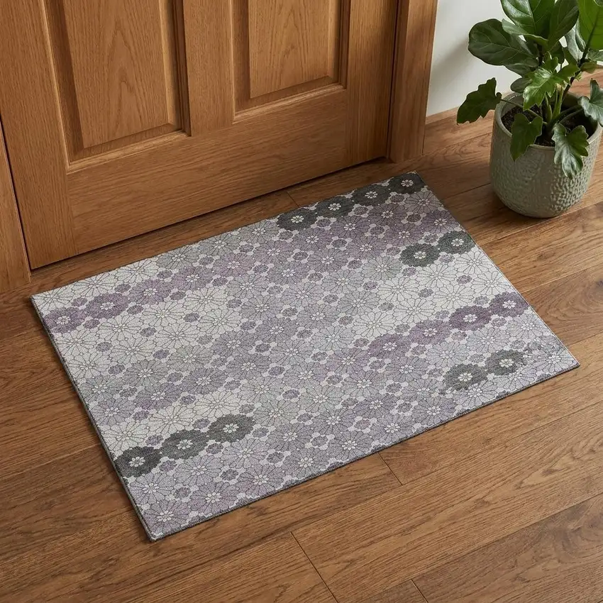 Lavender Gray And Silver Geometric Washable Area Rug With UV Protection Photo 1