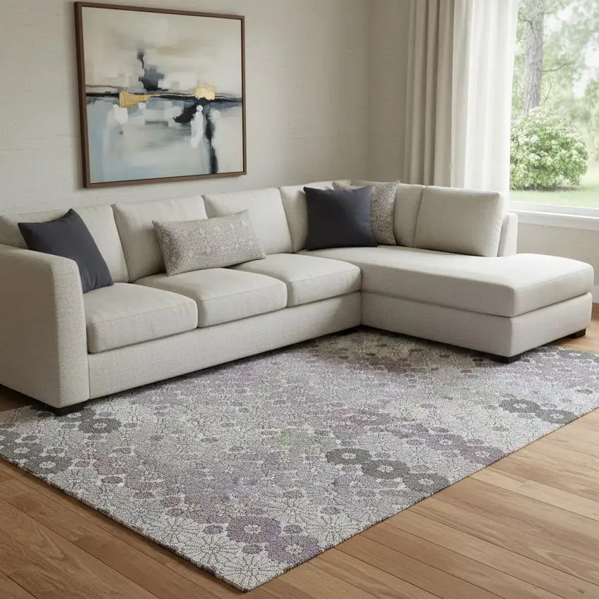 Lavender Gray And Silver Geometric Washable Area Rug With UV Protection Photo 2