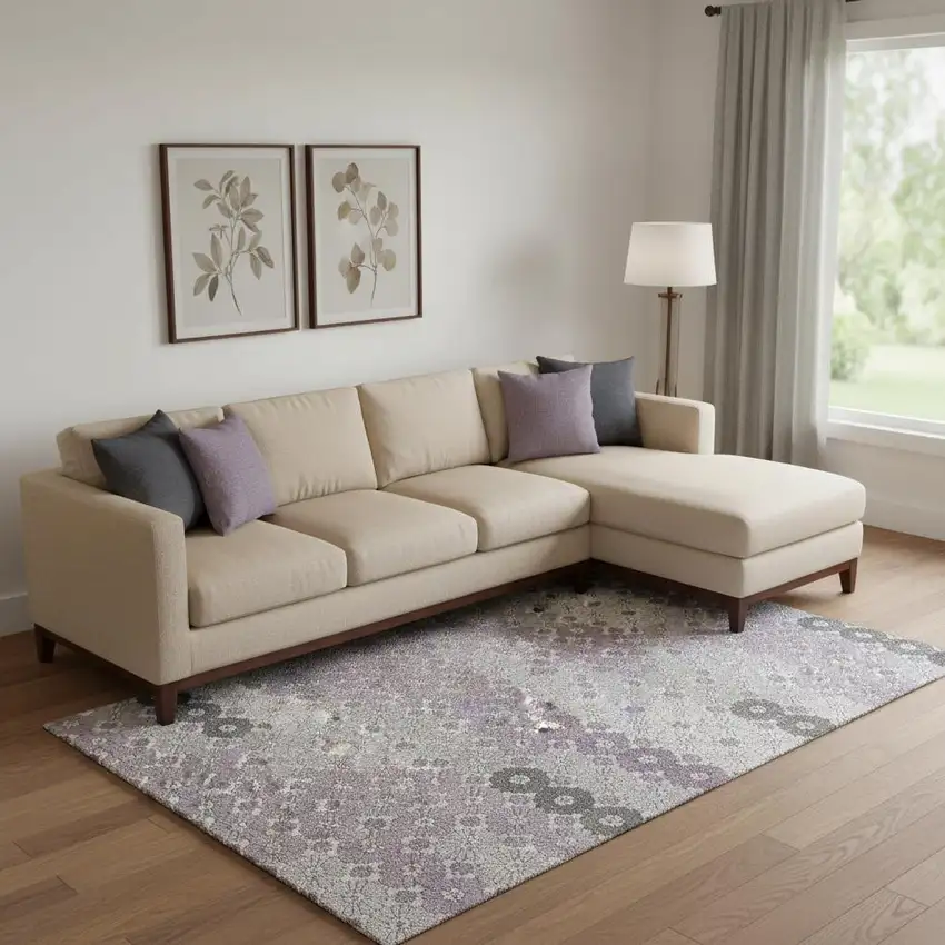 Lavender Gray And Silver Geometric Washable Area Rug With UV Protection Photo 2