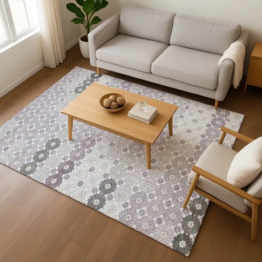 Lavender Gray And Silver Geometric Washable Area Rug With UV Protection Photo 5