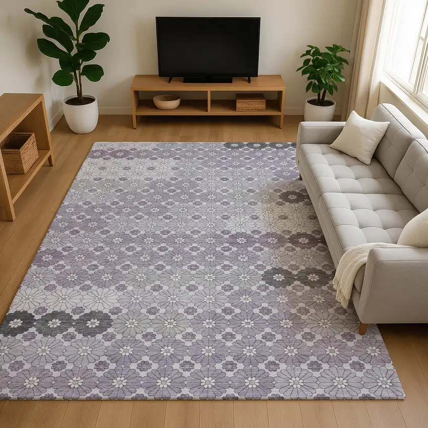 Lavender Gray And Silver Geometric Washable Area Rug With UV Protection Photo 4