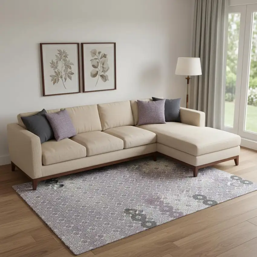 Lavender Gray And Silver Geometric Washable Area Rug With UV Protection Photo 2