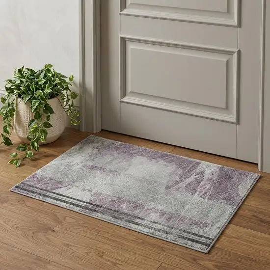 Lavender Gray And Silver Striped Washable Area Rug With UV Protection Photo 1