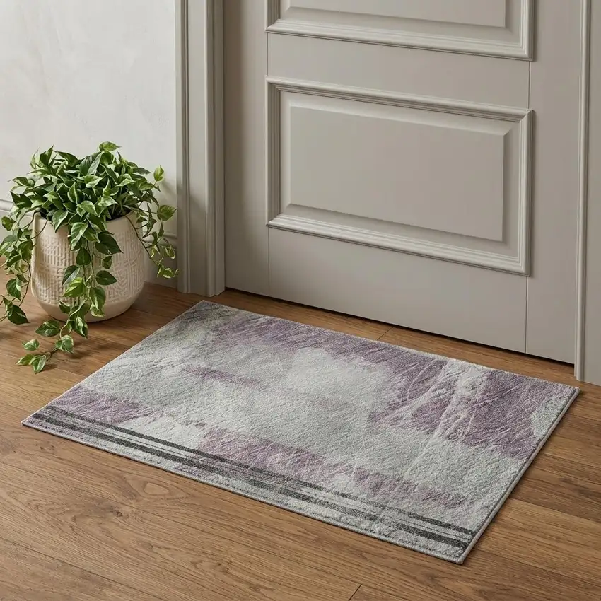 Lavender Gray And Silver Striped Washable Area Rug With UV Protection Photo 1