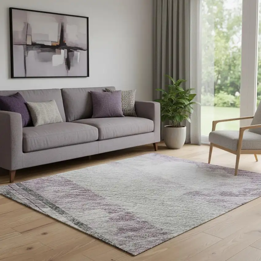 Lavender Gray And Silver Striped Washable Area Rug With UV Protection Photo 2