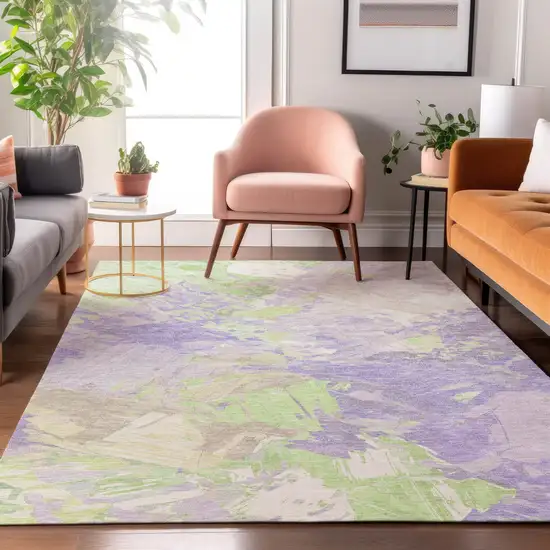 Lavender Green And Beige Abstract Washable Area Rug With UV Protection Photo 5