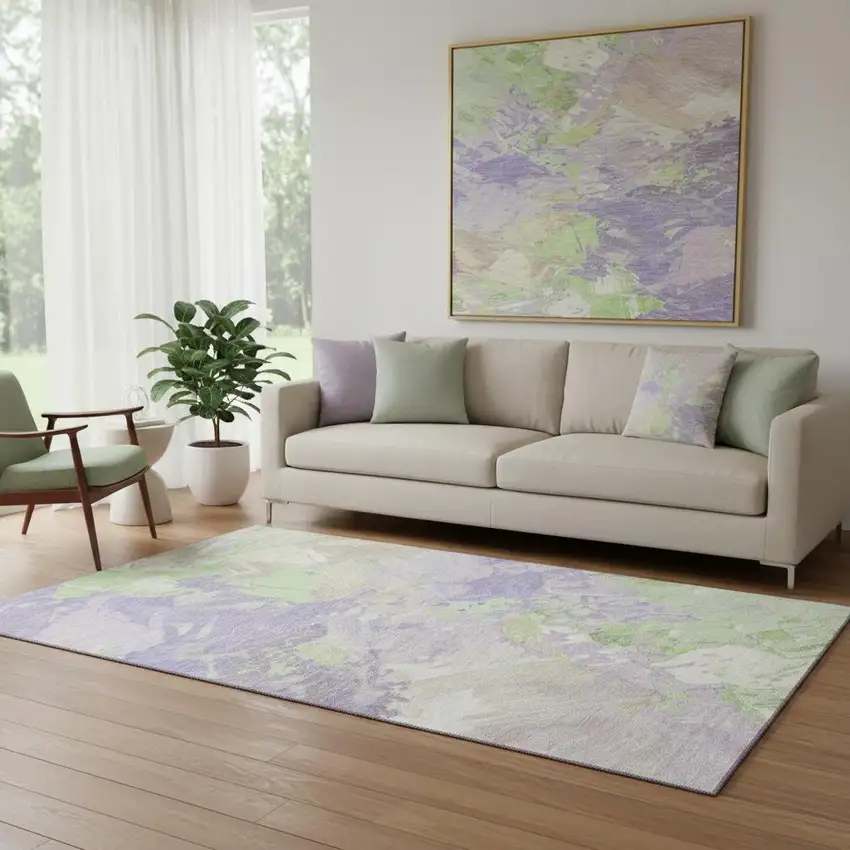 Lavender Green And Beige Abstract Washable Area Rug With UV Protection Photo 2