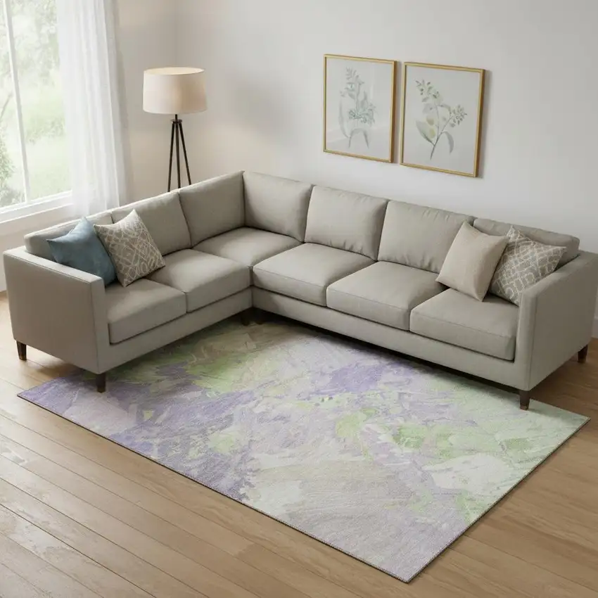 Lavender Green And Beige Abstract Washable Area Rug With UV Protection Photo 2